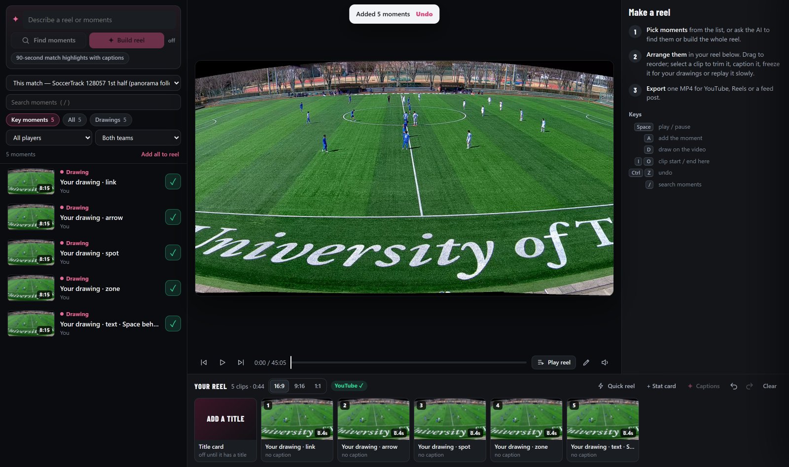 The Studio: a list of moments on the left, the match preview in the middle and a reel of five clips along the bottom
